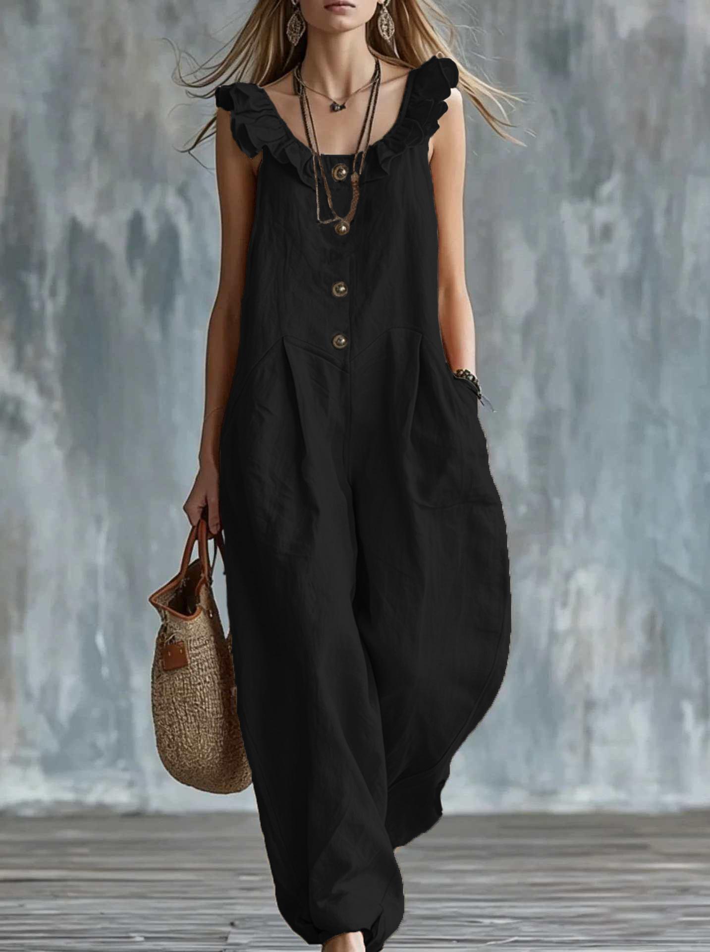 

Women s Ruffle Sleeveless Button Front Jumpsuit Casual Loose Wide Leg Summer Romper 3XL чорний