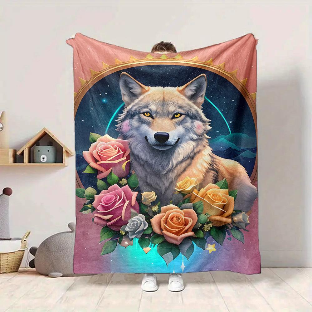1pc Wolf Roses Blanket, Lightweight Flannel Fleece with Digital Printing, Soft Warm for Sofa, Travel, Camping, Office, Couch, Chair, and Bed, All-Seas