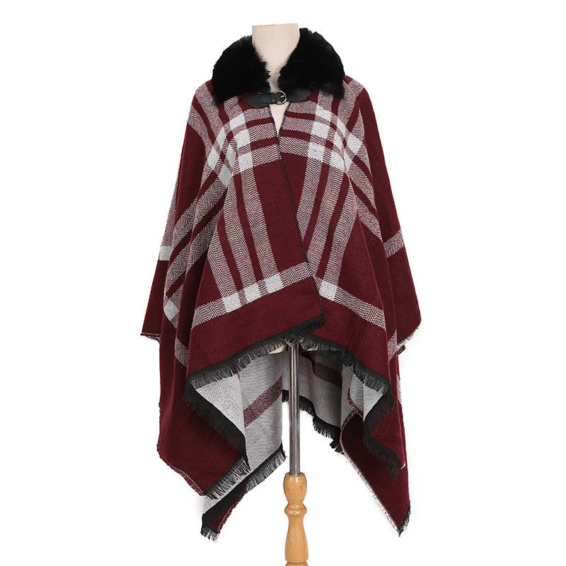 

Меховой воротник, клетчатая шаль, женская накидка, двухсторонняя вязаная шаль, пончо one size бордовый