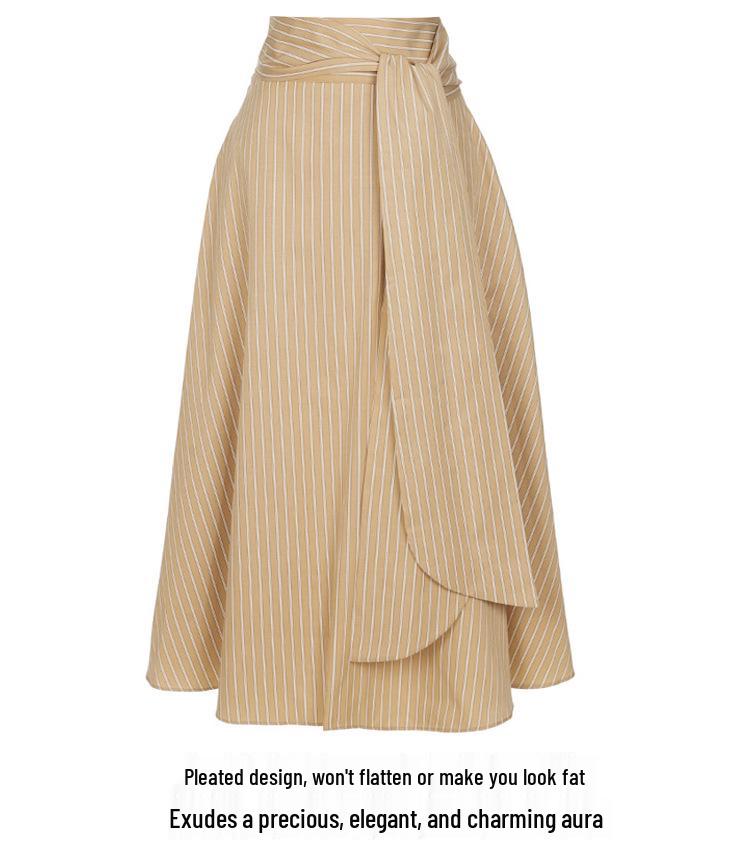 Women's Striped Irregular Midi Skirt, 2025 Spring/Autumn Collection, High Waist Tie A-Line.