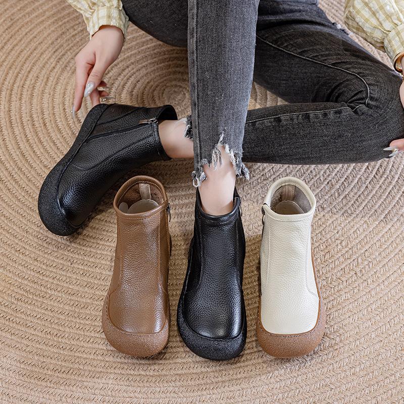 Leather round head short boots flat bottom comfortable retro zipper versatile soft bottom non-slip Martin boots