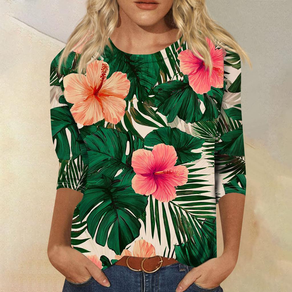 Women's Fashionable Casual Round Neck Three-Quarter Sleeve Printed T-Shirt Top