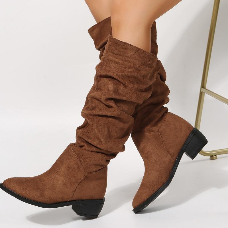 New Large Size Pleated Boots Women's Large Size Tall Martin Boots European and American Suede Thick Heel Pile