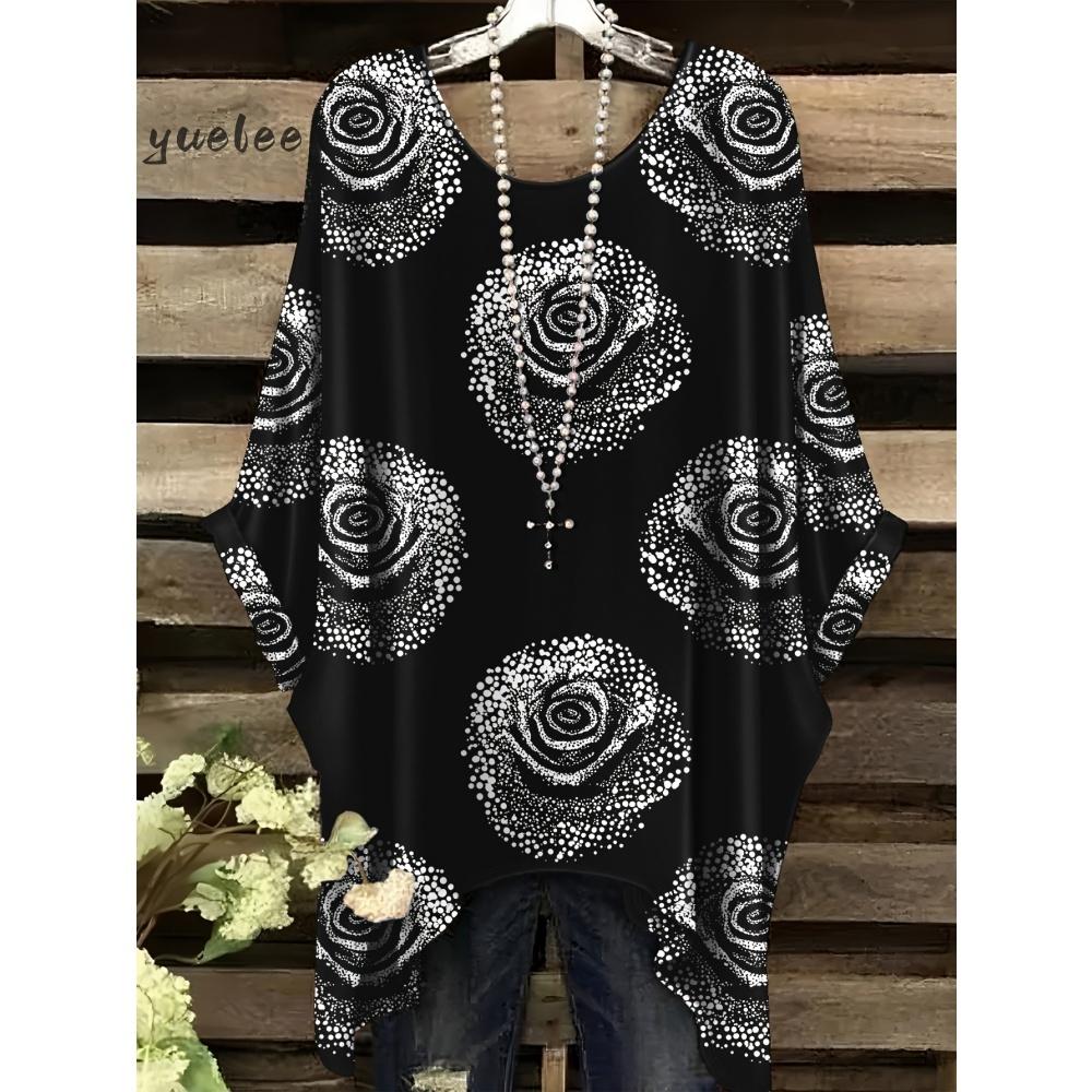 T-shirt Estiva Elegante Bohemien Bicolore da Donna con Stampa Floreale a Forma di Cuore e Farfalla, Scollo Tondo, Blusa Casual, Abbigliamento Bohemien da Donna