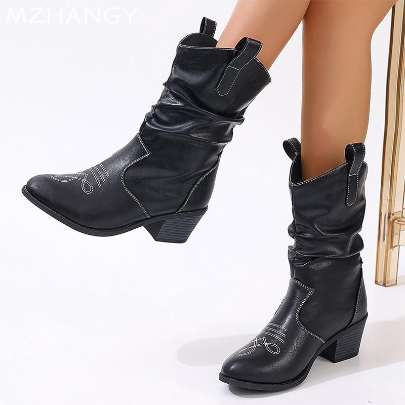 Fashion High Heels Women Mid Calf Boots Designer Chunky Dress Leather Shoes Woman 2024 Trend Pumps Winter Eleglant Chelsea Botas Mujer