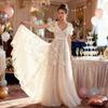Lace Flared Sleeve Wedding Dress for Bride Deep V Neck Open Back Bridal Ball Gown Boho Beach Swing Dress