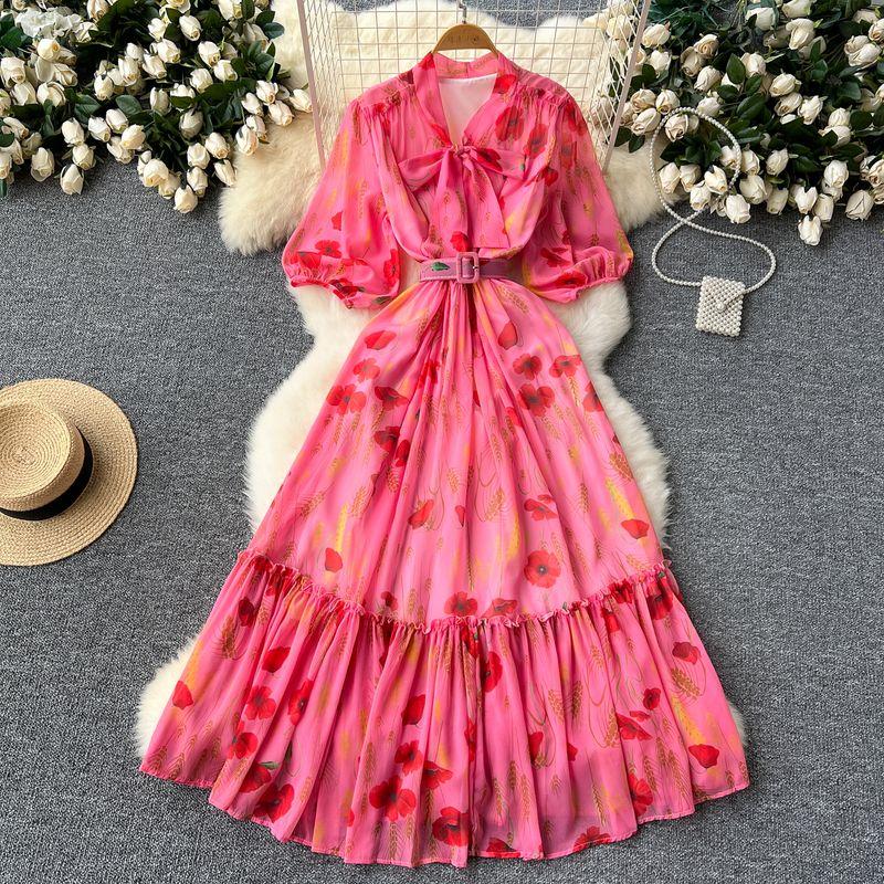 Lightly Mature Elegant Dress Women's French Fancy Bows Shoelace Puff Sleeves Waist Trimming Ruffles Printed Dress