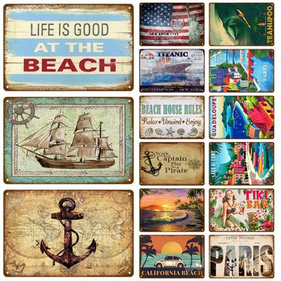Vintage Metallschilder mit Sommerstrand, berühmte Stadtlandschaft, Poster, Blechschild, Retro-Wandkunst, Dekor für Wohnzimmer, Zuhause, Meer