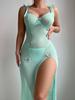 European & American Style Light Blue Mesh Lace Backless High Slit Suspender Dress