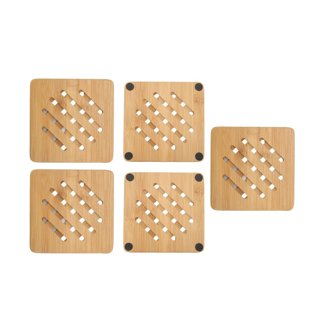 5 Pcs Bamboo Hot Pad Table Mat Bamboo Trivet Pot Mat Heat Resistance for Hot Dishes Pot Bowl Teapot Quadrate 15CM
