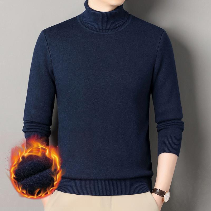 Men's Winter Warm Velvet High Neck Sweater - Solid Color Knit Pullover