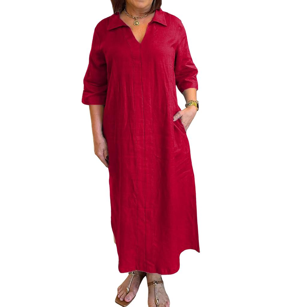 Women's Fashionable Loose-Fit V-Neck Casual Cotton-Linen Blend Shirt Dress