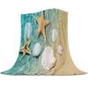 Beach Throw Blanket, Ocean Beach Theme Seashell Travel Blanket for Living Room Sofa Bed Office Soft Cozy Plush Flannel Blanket