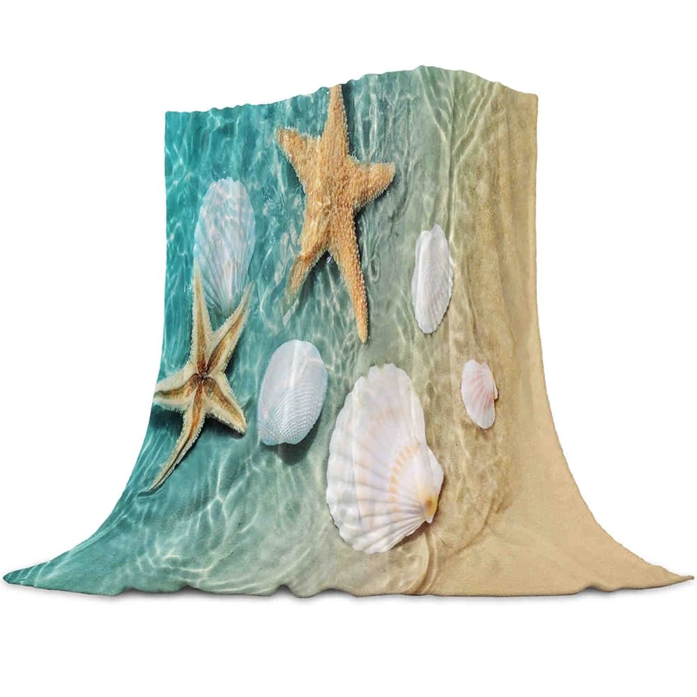 Beach Throw Blanket, Ocean Beach Theme Seashell Travel Blanket for Living Room Sofa Bed Office Soft Cozy Plush Flannel Blanket