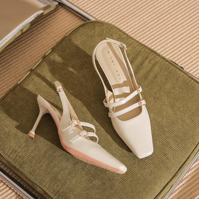 

79905 [sheepskin] square head high heels women s thin heels 2025 new bag head empty word with sandals 39