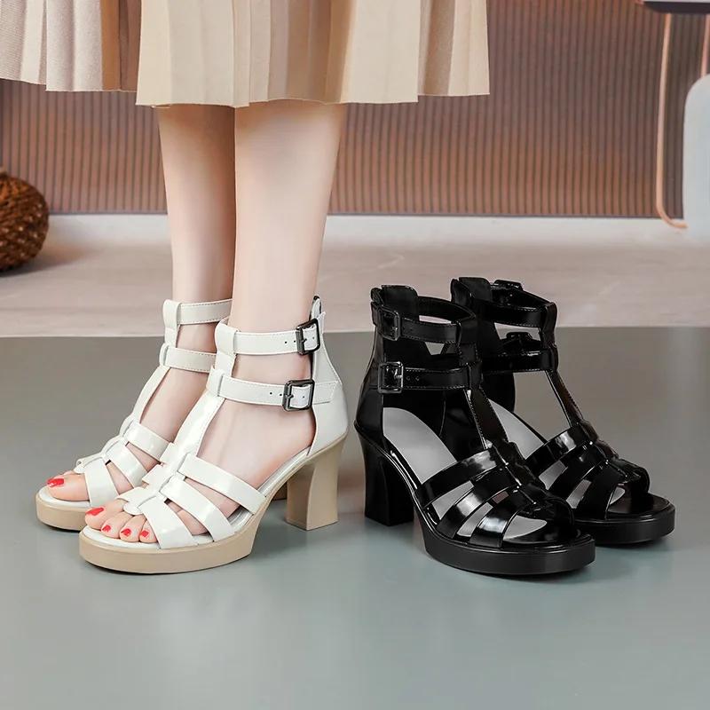 Modne 7,5 cm Luksusowy Design Sandały Gladiator dla Kobiet Obcas Pasek na Klamrę Odkryte Palce Sandały Damskie Skóra Dzielona Seksowne Sandały Rzymskie