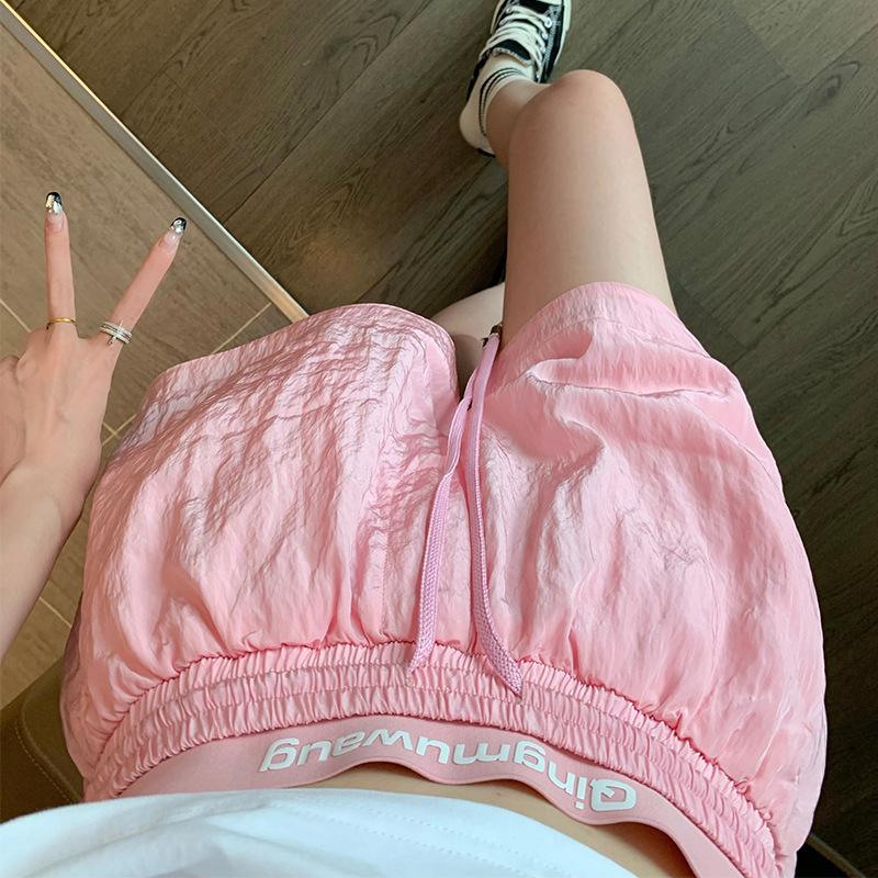 Retro Pink Sports Shorts for Women's Summer New Casual High-waist Drawstring Loose Slimming Sports Shorts
