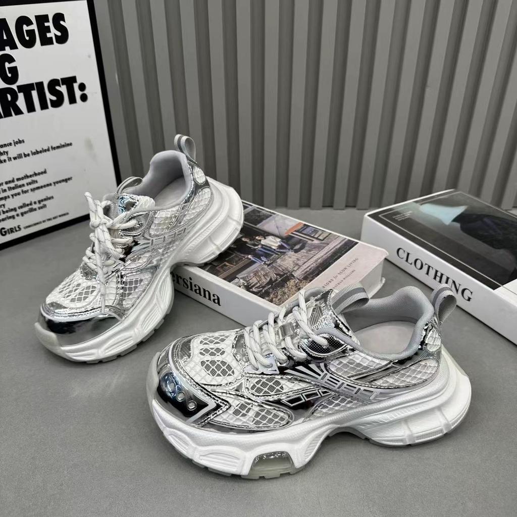 Silver platform versatile breathable mesh shoes summer 2025 new small inner height increase women's shoes soft sole sports shoes