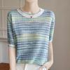 Women's Gradient Striped Tencel Lyocell Knit T-Shirt with Round Neck and Short Sleeves
