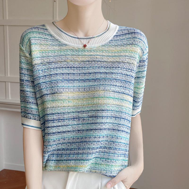 Women s Gradient Striped Tencel Lyocell Knit T-Shirt with Round Neck and Short Sleeves Extra Large