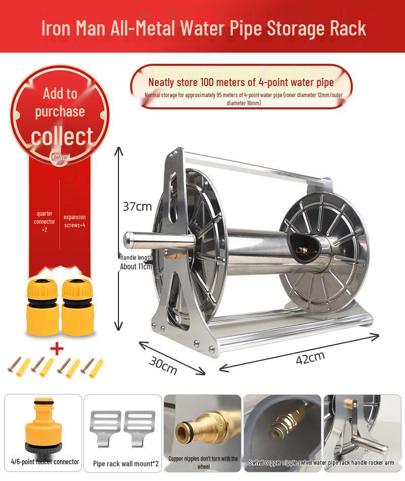 30m Water Hose Reel Cart & Garden Water Gun with 4-Point Storage Rack