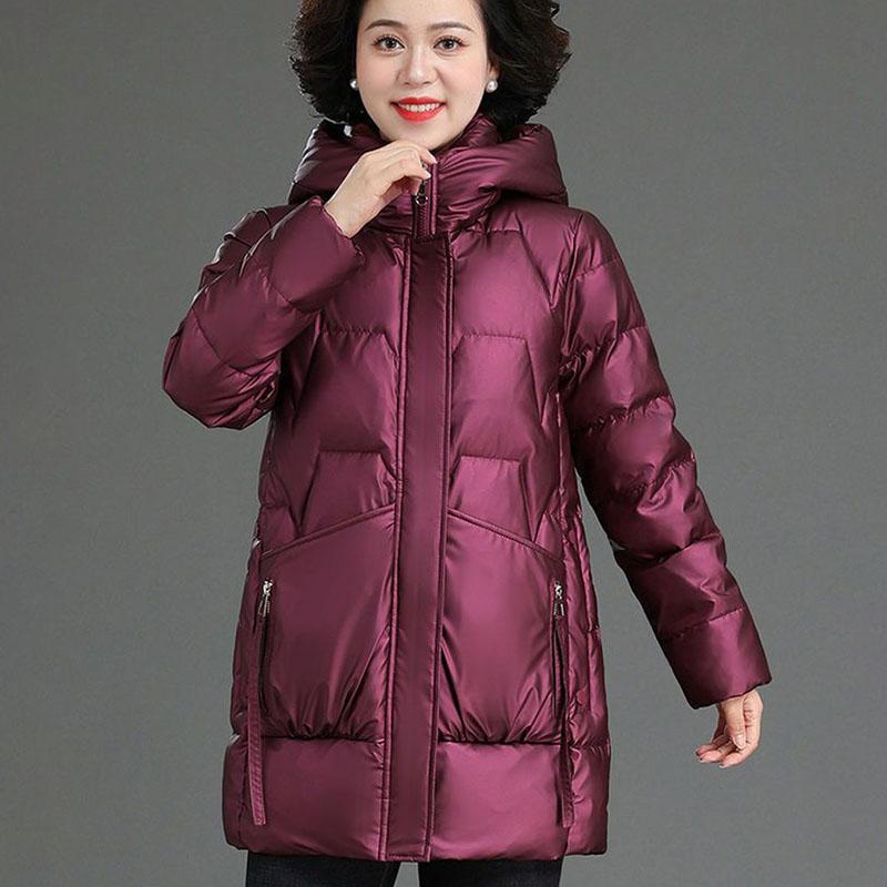 Winter Women's Shiny No-wash Padded Jacket   Mid-length Hooded Padded Coat