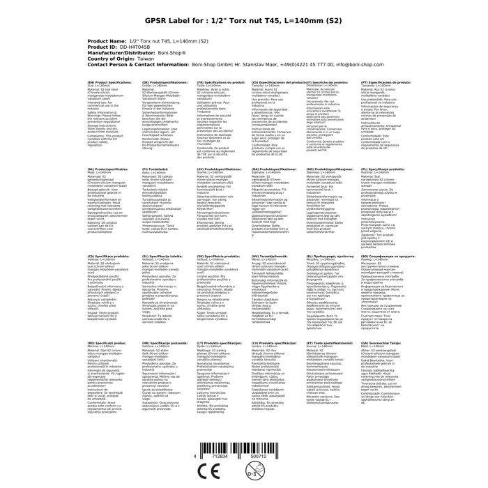 Torx T45 Nuss, Douille 1/2 pouce, Acier S2, 100mm