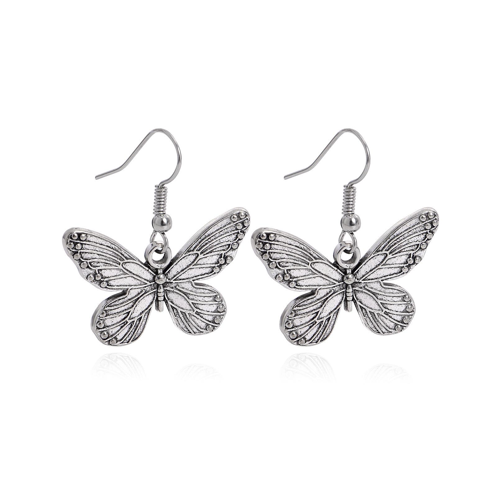 Retro Copper Color Double Sided Carving Butterfly Pendant Earrings for Women Drop Zircon Wholesale Birthday Brincos