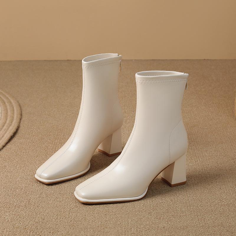 thick heel square head thin boots women's medium tube fashion simple temperament rear zipper autumn and winter new French soft leather Martin boots