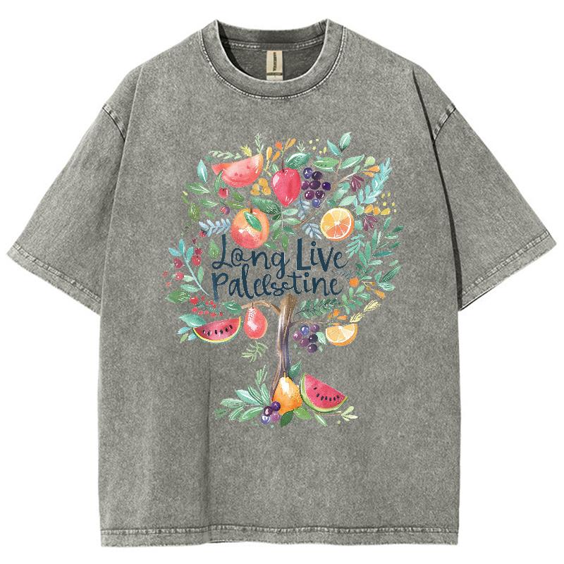 Washed Loose Tops Tees Fruit Tree Print T-Shirt Mens Streetwear Vintage Black T-Shirt Harajuku Oversized Short Sleeve