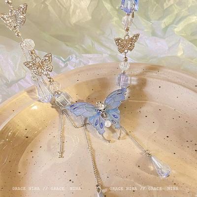 Heavy Industry Blue Crystal Butterfly Tassel Necklace Women's 2025 New Clavicle Chain Necklace