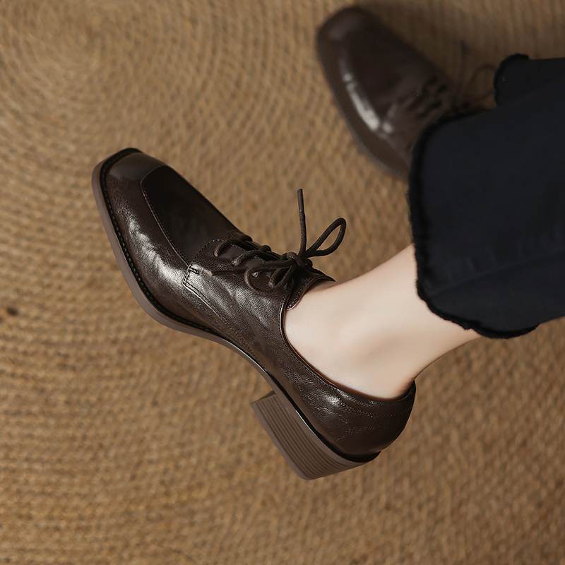 Krazing Pot Sheepskin Autumn Winter Shoes Lace Up Med Heels Size 42 Square Toe Brown Color Pumps