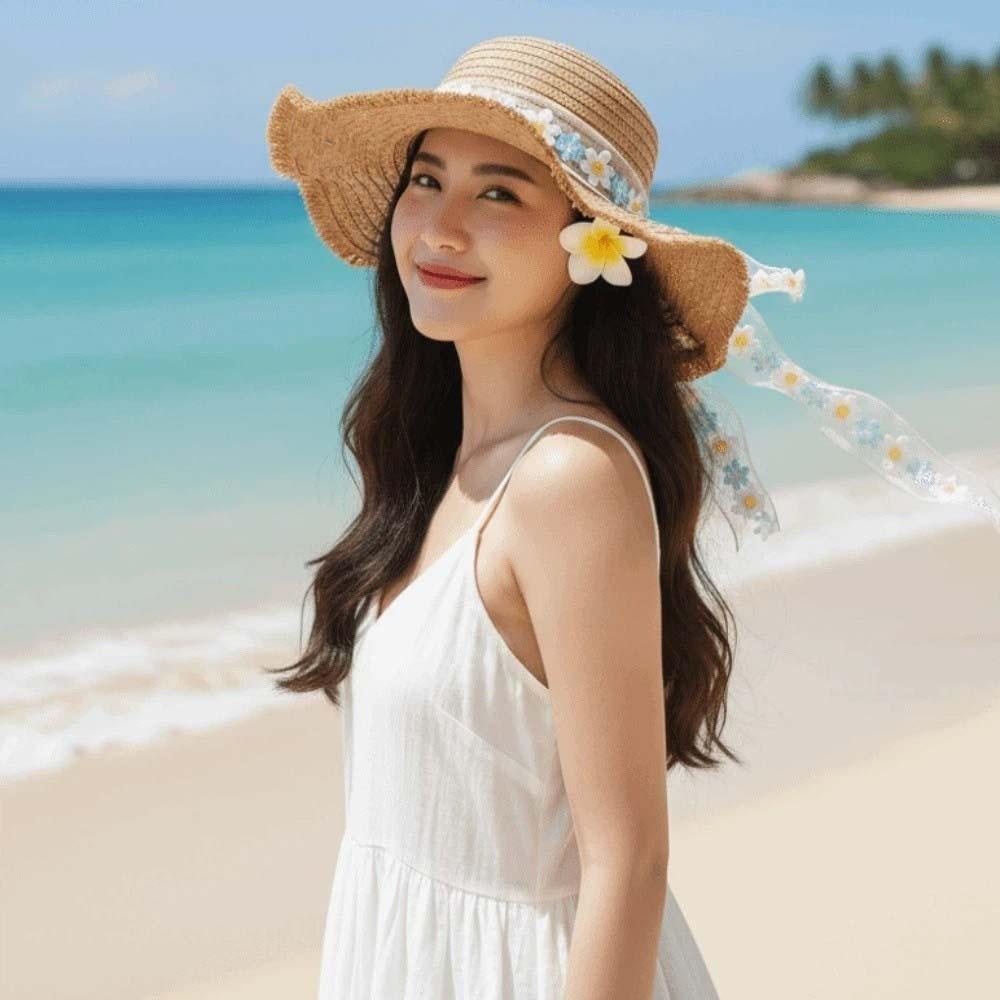 Breathable Vacation Beach Cap with Garland with Lace Big Brimmed Straw Hat Sombrero Sunshade Topi Woven Sun Cap