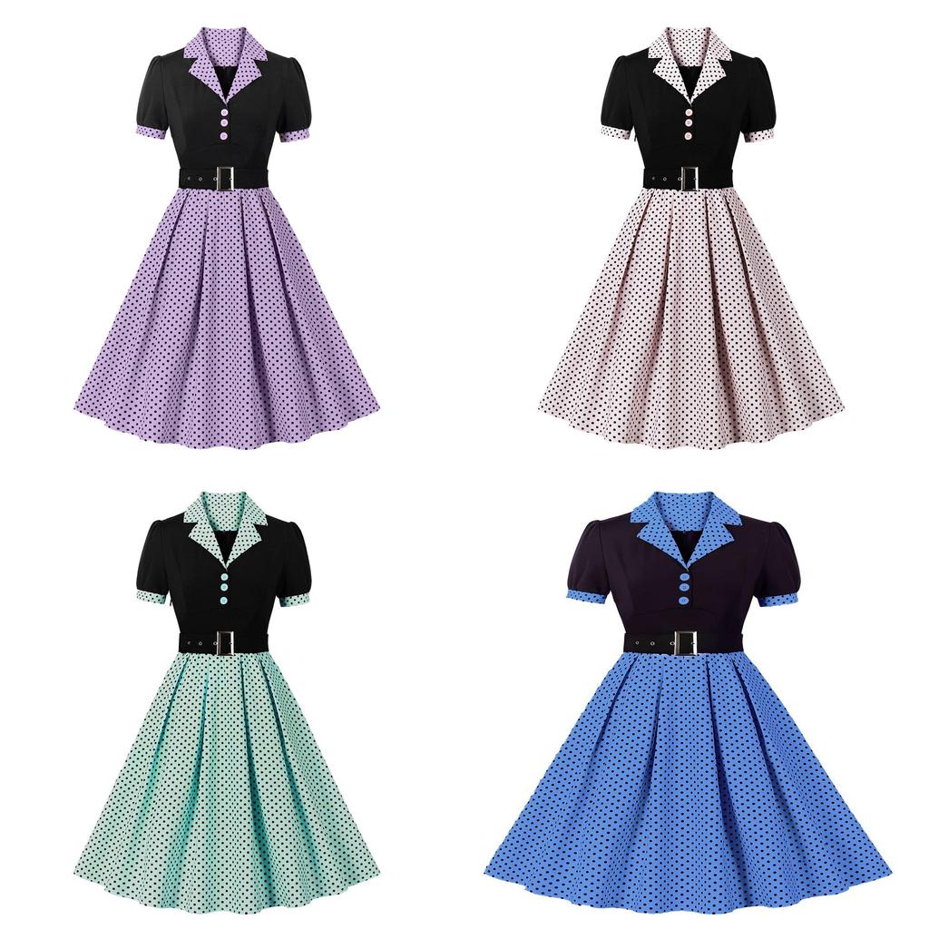 Vintage Polka Dot A Line Dress With High Waist For Office Wear Summer