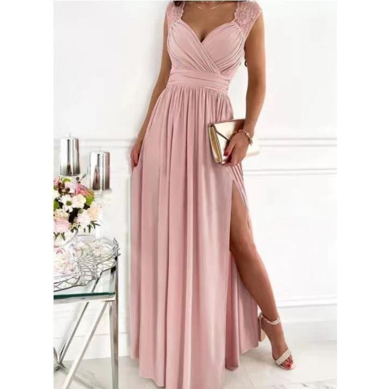 Women's Lace Trim Sweetheart Neck Sleeveless High Slit Maxi Dress Elegant Evening Party Gown