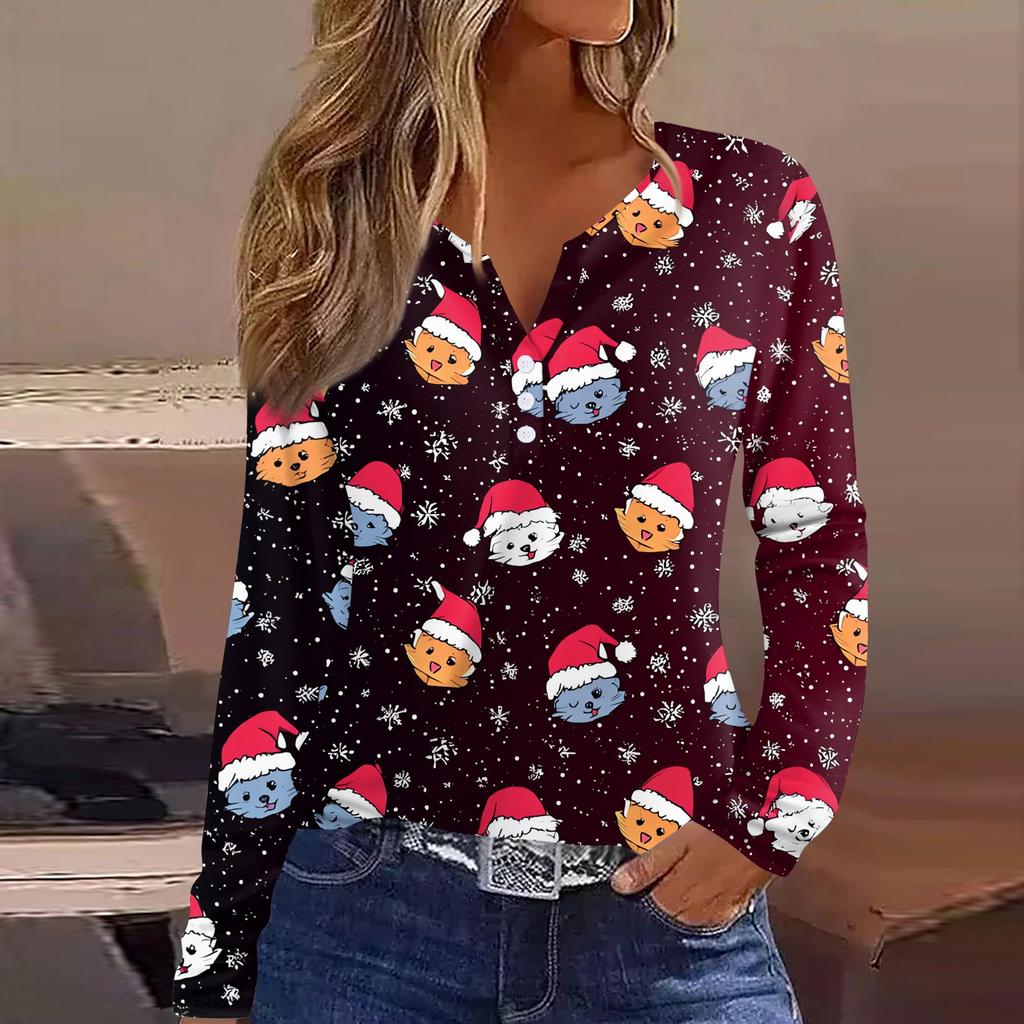 Women's T Shirt Tee Christmas Printed Button Long Sleeve Tunic Daily Weekend Fashion Basic V- Neck Regular Top