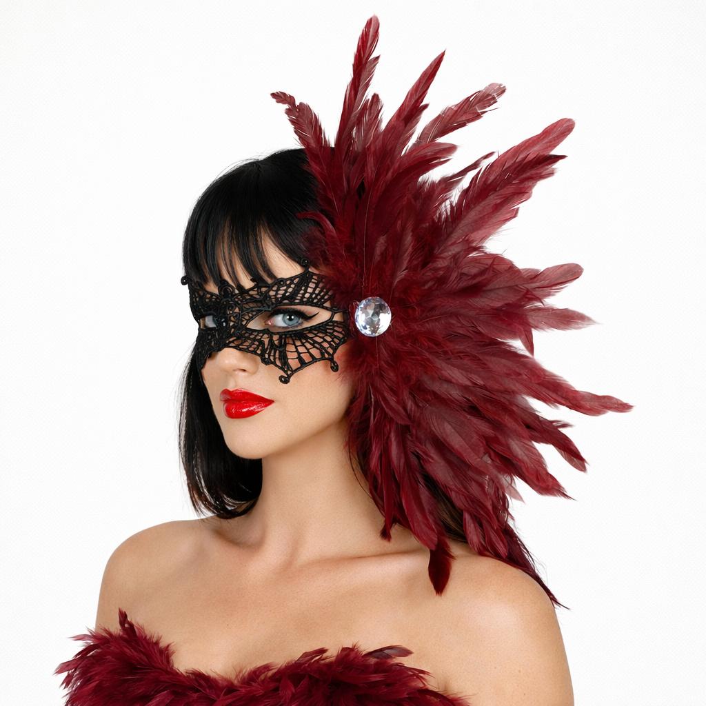 Feather Side Headpiece with Lace Eye Mask for Carnival Parade Masquerade Ball Mardi Gras Party Samba Dance Costume Outfit