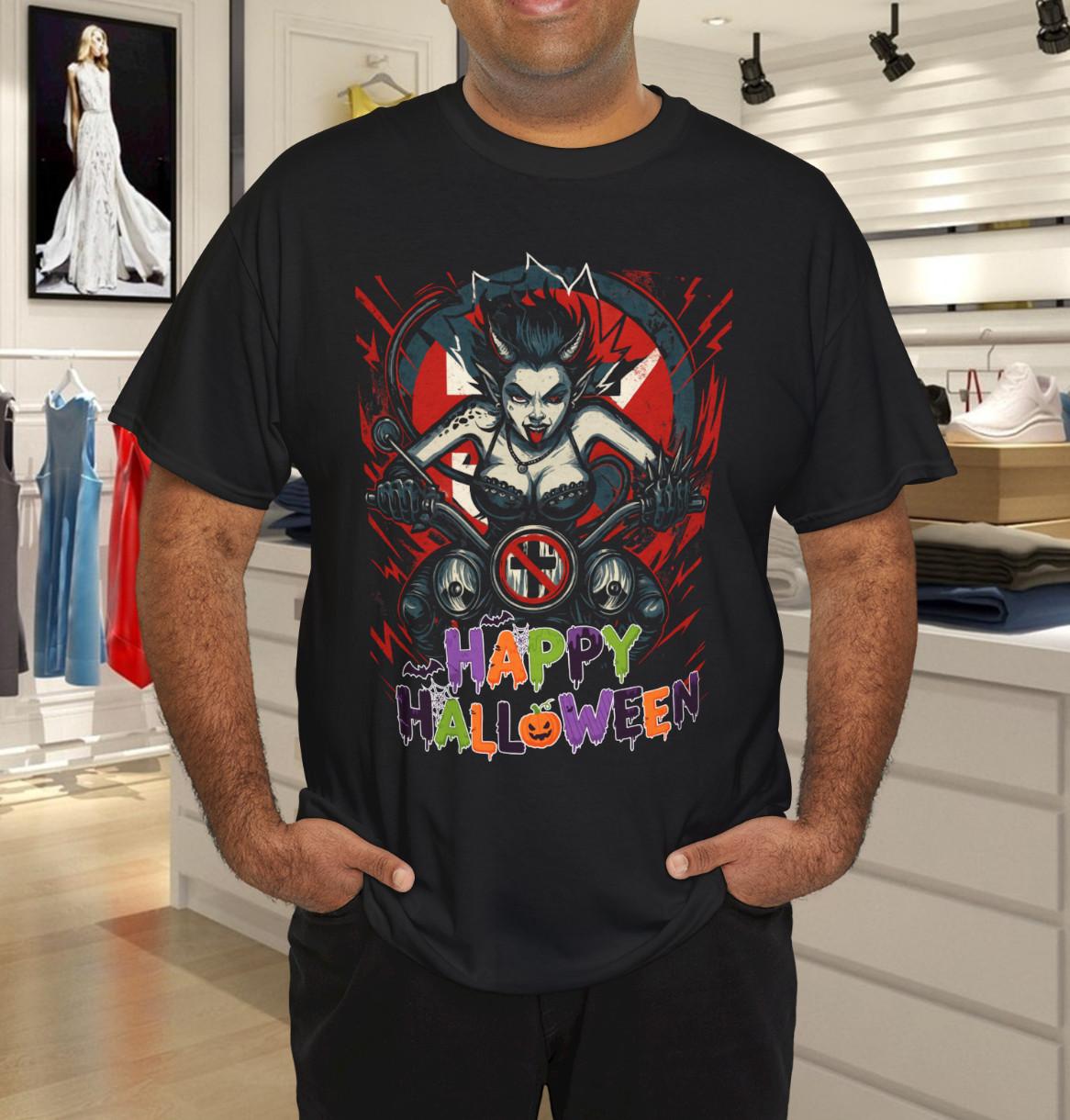 Devil Biker Girl Halloween T-Shirt Mens Womens Tees Top 3XL