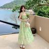 Women Green Floral Maxi Dress, Ruffle Sleeve Tiered Vacation Dress