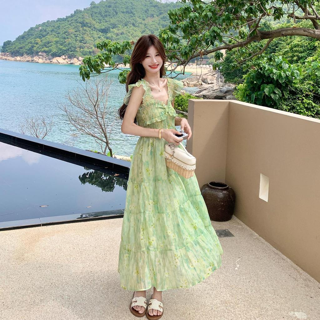 Women Green Floral Maxi Dress, Ruffle Sleeve Tiered Vacation Dress