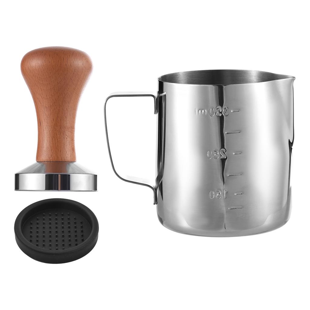 3pcs Coffee Tool Set 12oz 350ml Stainless Steel Milk Frothing Pitcher with Scale 51mm Flat Base Tamper with Wood Handle