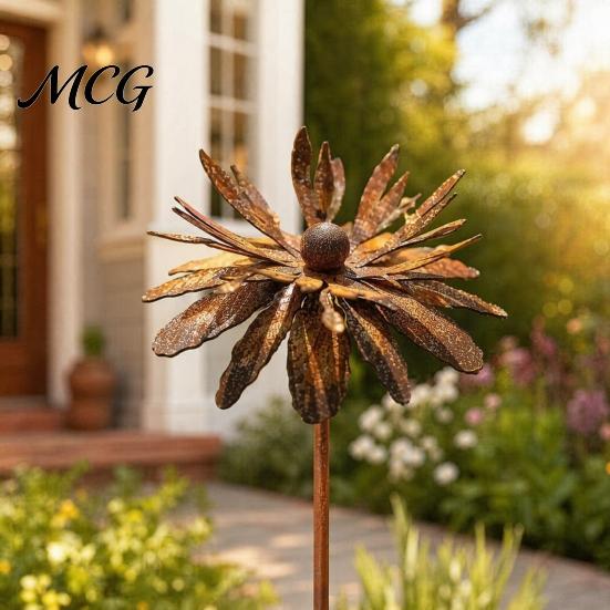 3D Popcorn Flower Decor Vintage Rusty Cornflower Ground Stake, 24 Inch Metal Artistic Wire Art Stake Decor, Rustic Garden Sculptures for Lawns
