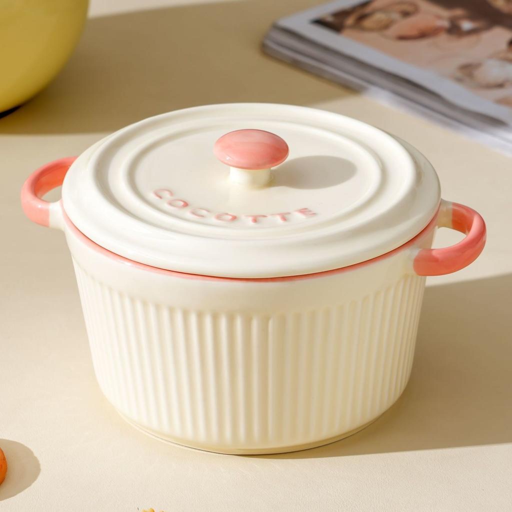 Tigela de Cerâmica para Cozinhar a Vapor com Tampa | Pote de Pudim Grande para Forno para Creme de Ovos, Sopa e Cozimento em Banho-Maria