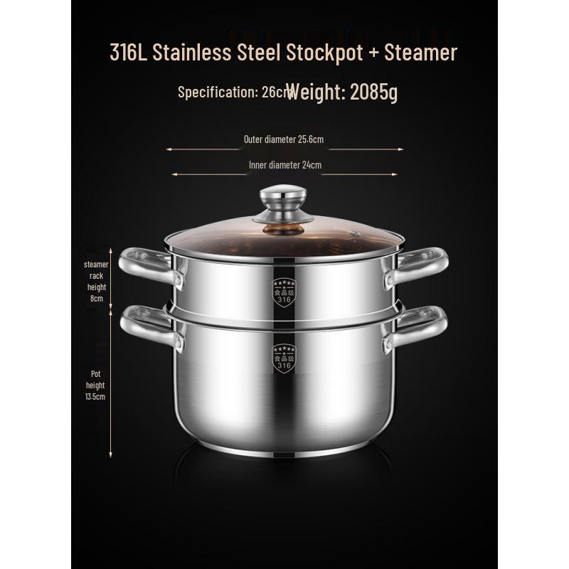 2025 Three-Layer 316 Stainless Steel Steamer & Soup Pot for Induction & Gas Stoves