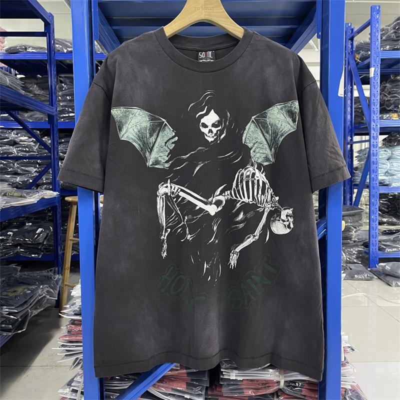 Summer Saint American Style Unisex Vintage Tshirt Short Sleeve Saint Evil Skeleton Bat Print High Quality Oversize Clothing Top S