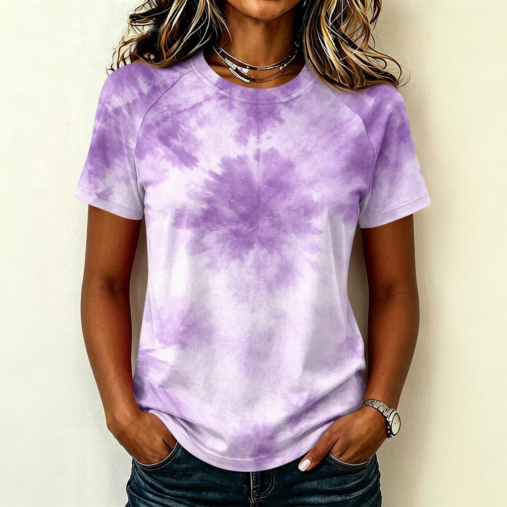 Damen Freizeit Kurzarm Raglan T-Shirt Rundhals Batik-Print Leichtes Weiches Gewebe Sommer Oberteil