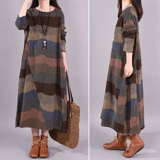 Women's Long Sleeve Cotton Linen Maxi Dress Vintage Bohemian Printed Patchwork Crew Neck Dress Fall Loose Outfit