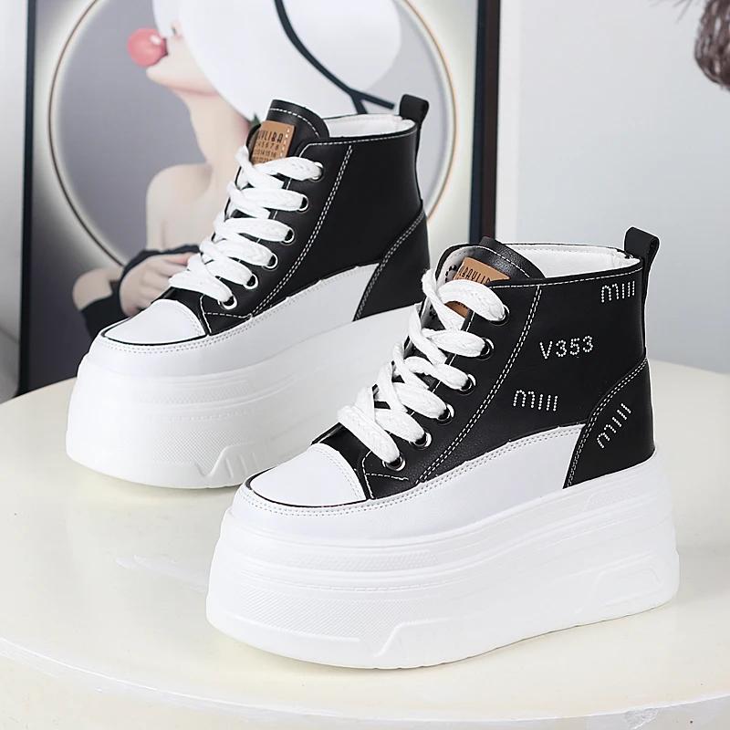 Fashion 12CM Genuine Leather Vulcanize Ankle Booties Women Chunky Sneaker Loafer High Brand Comfy Spring Autumn Platform Shoes