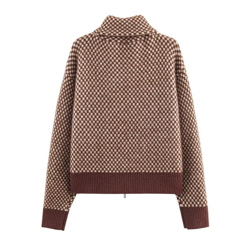 Womens High Neck Knit Pilot Jacket Casual Oversized Cardigan Sweater With Zipper Plaid Patchwork Design