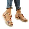 Bohemian Style Hemp Rope Hand Woven Color Blocked Elastic Band Open Toe Beach Shoes with Sloping Heels, Women's Casual and Comfortable Sandals